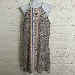 AUW Womens Dress L Blue Pink Floral Lined Halter Lace Hem G5